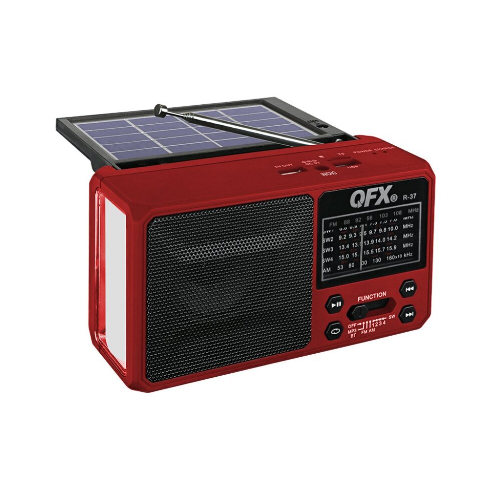 QFX R-37 Red 3-In-1 Rechargeable AM/FM/SW1-SW4 6-Band Solar Radio +light+USB/SD
